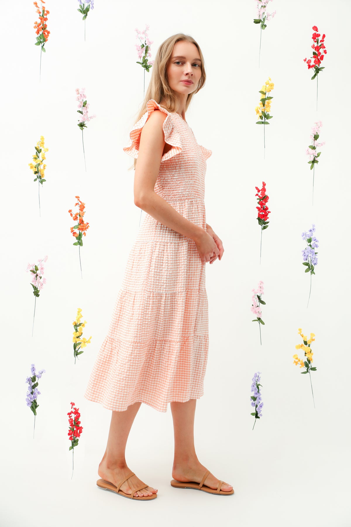 Smocked Bodice Ruffle Tiered Midi Dress REMI010