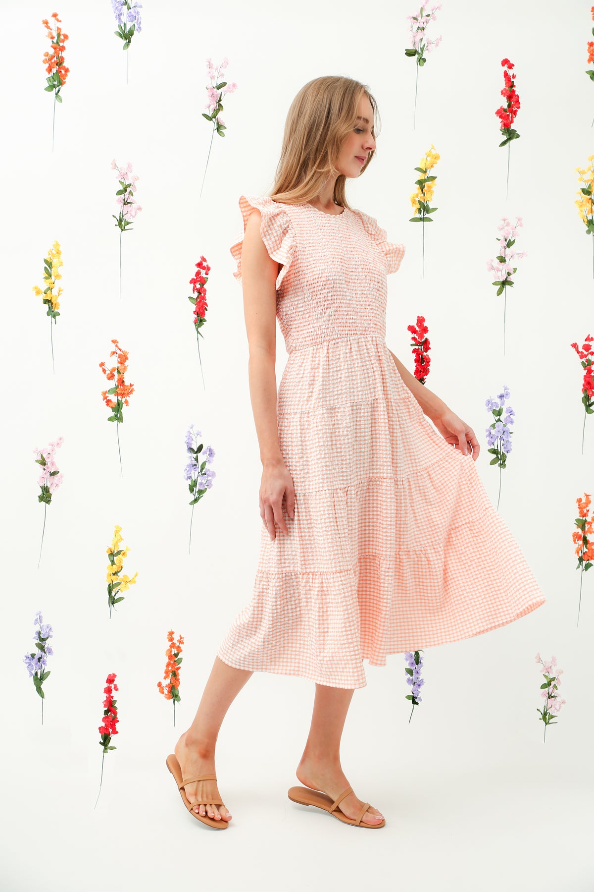 Smocked Bodice Ruffle Tiered Midi Dress REMI010