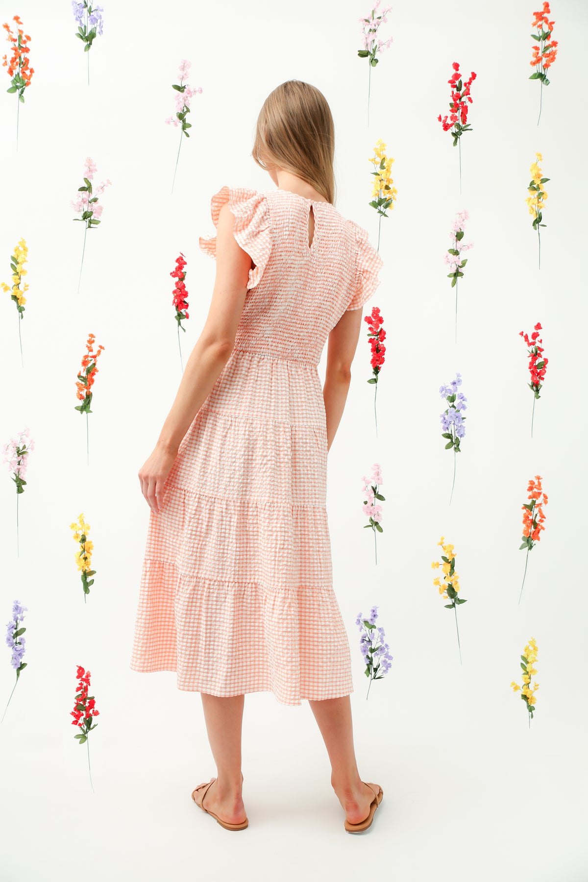 Smocked Bodice Ruffle Tiered Midi Dress REMI010