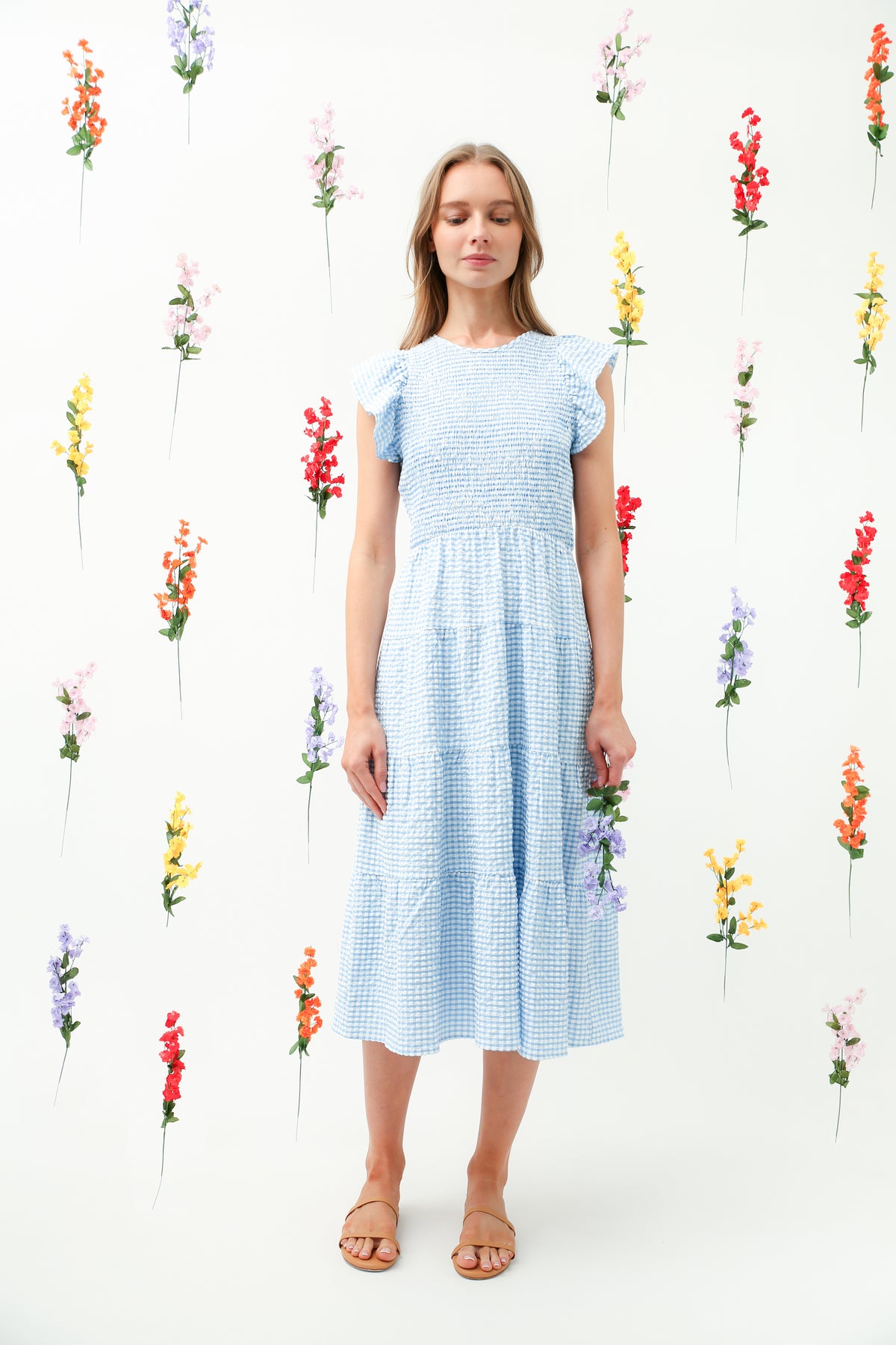 Smocked Bodice Ruffle Tiered Midi Dress REMI010