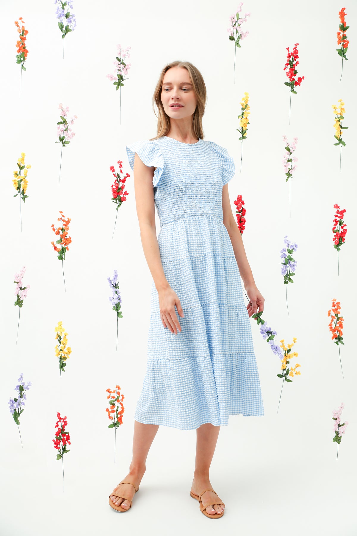 Smocked Bodice Ruffle Tiered Midi Dress REMI010