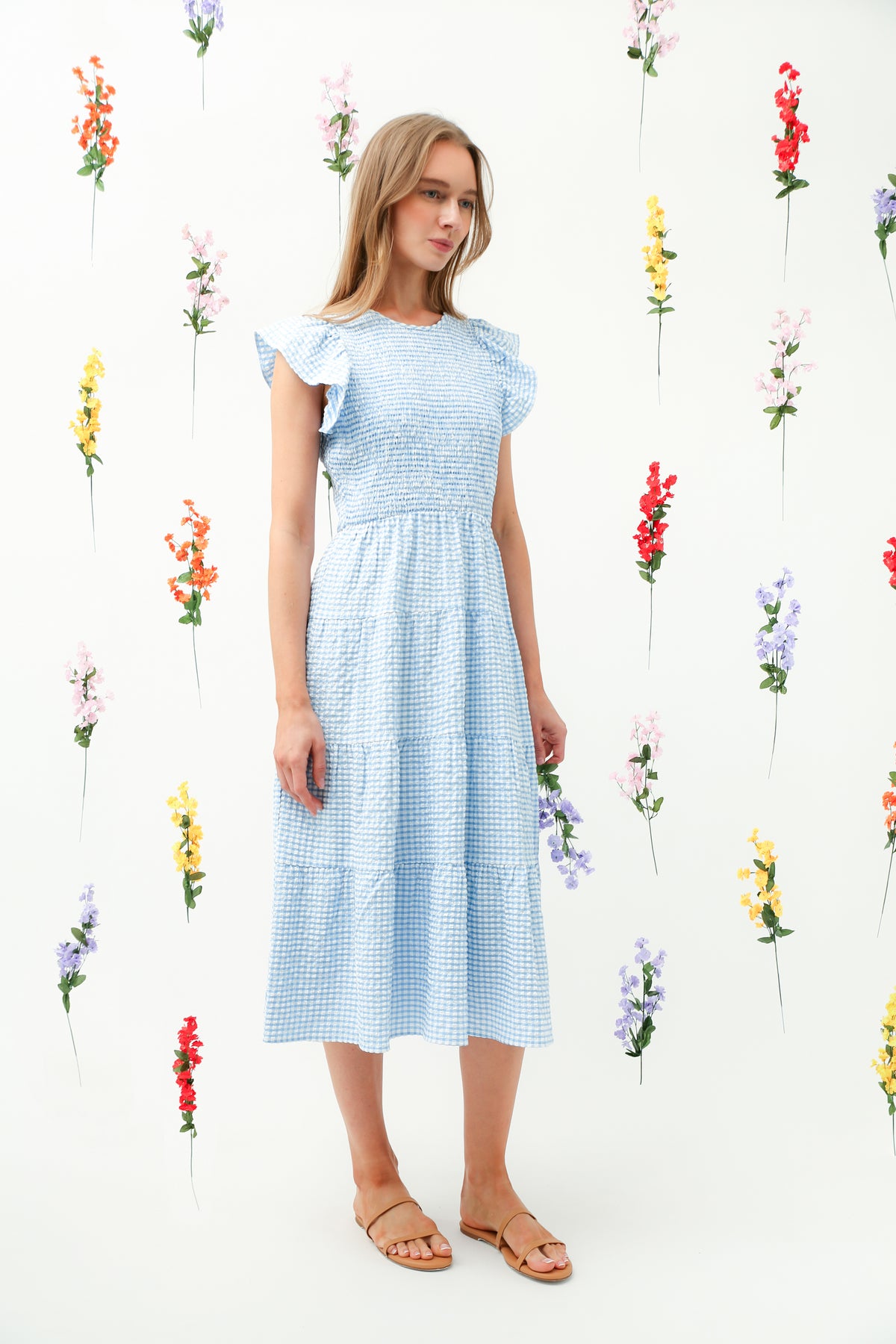 Smocked Bodice Ruffle Tiered Midi Dress REMI010