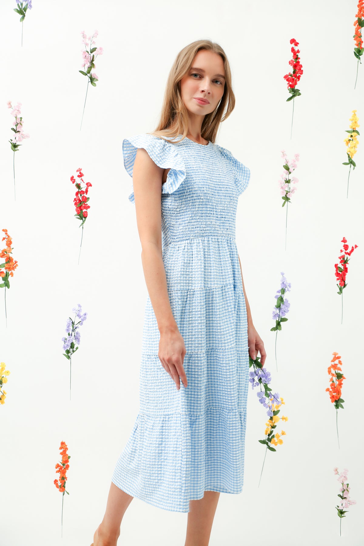 Smocked Bodice Ruffle Tiered Midi Dress REMI010