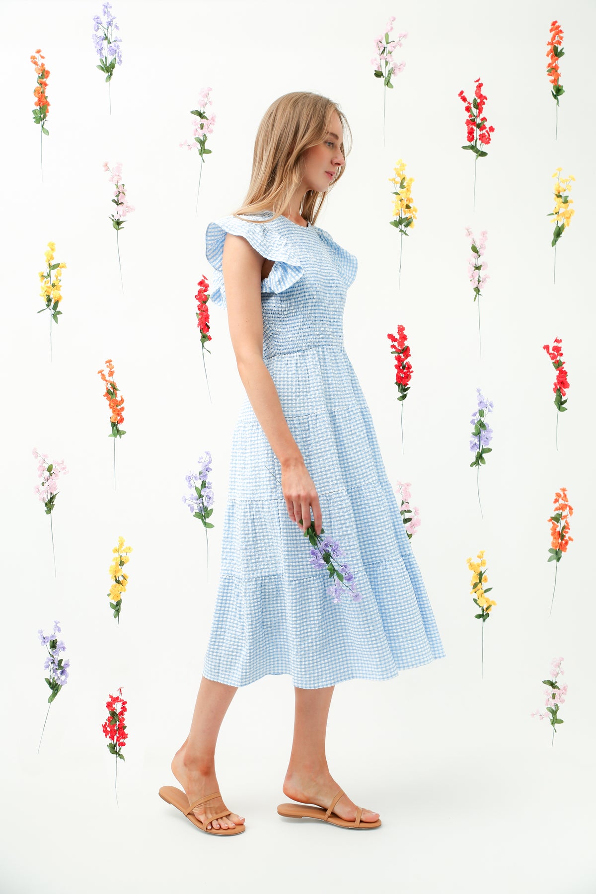 Smocked Bodice Ruffle Tiered Midi Dress REMI010