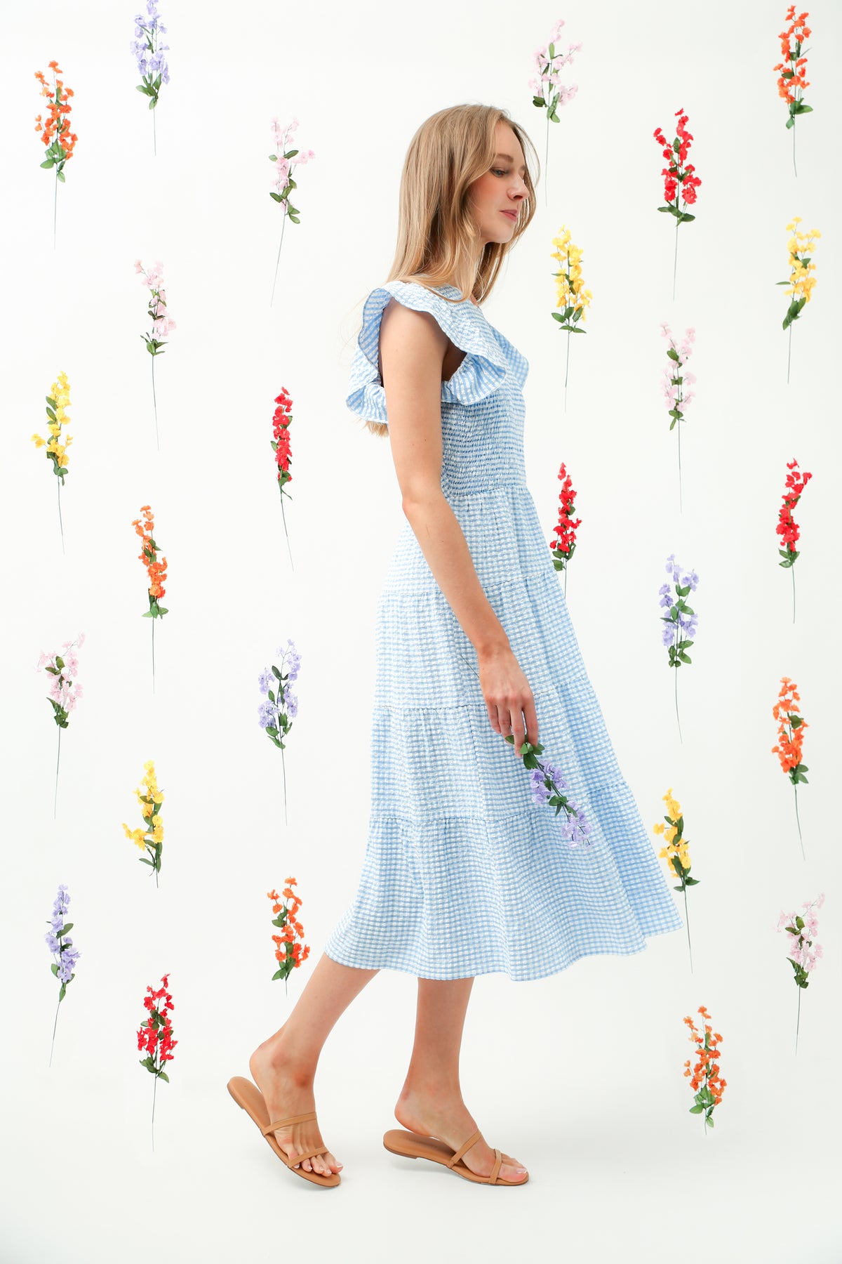 Smocked Bodice Ruffle Tiered Midi Dress REMI010