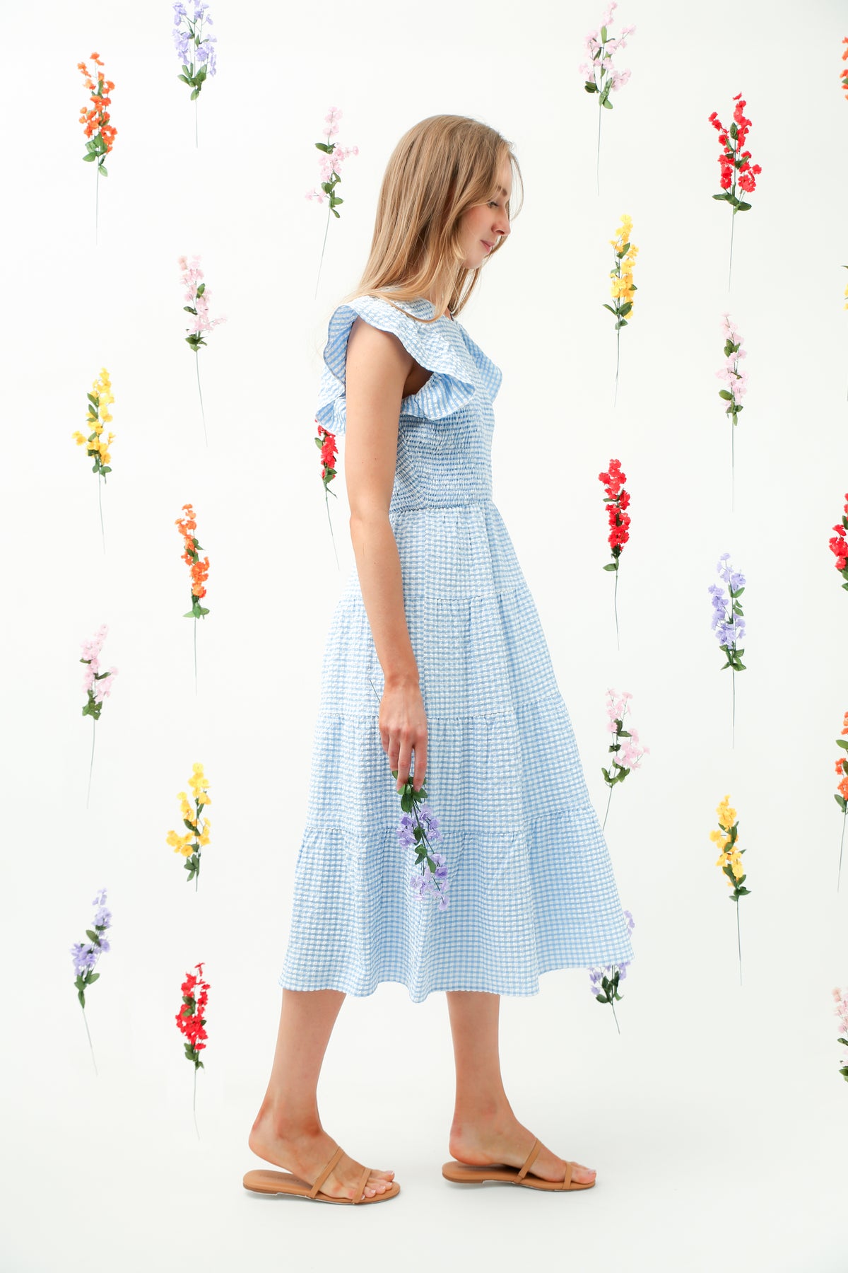 Smocked Bodice Ruffle Tiered Midi Dress REMI010