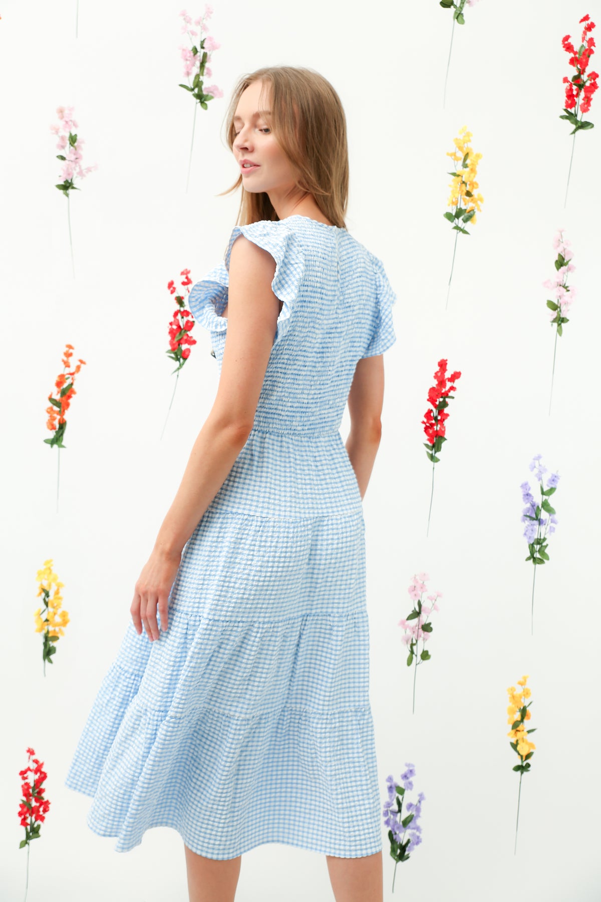 Smocked Bodice Ruffle Tiered Midi Dress REMI010