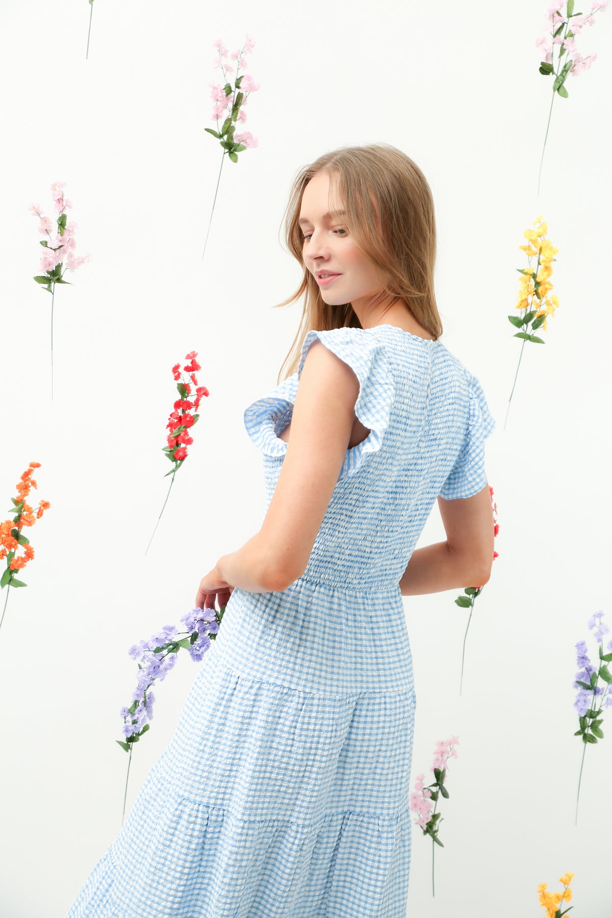 Smocked Bodice Ruffle Tiered Midi Dress REMI010