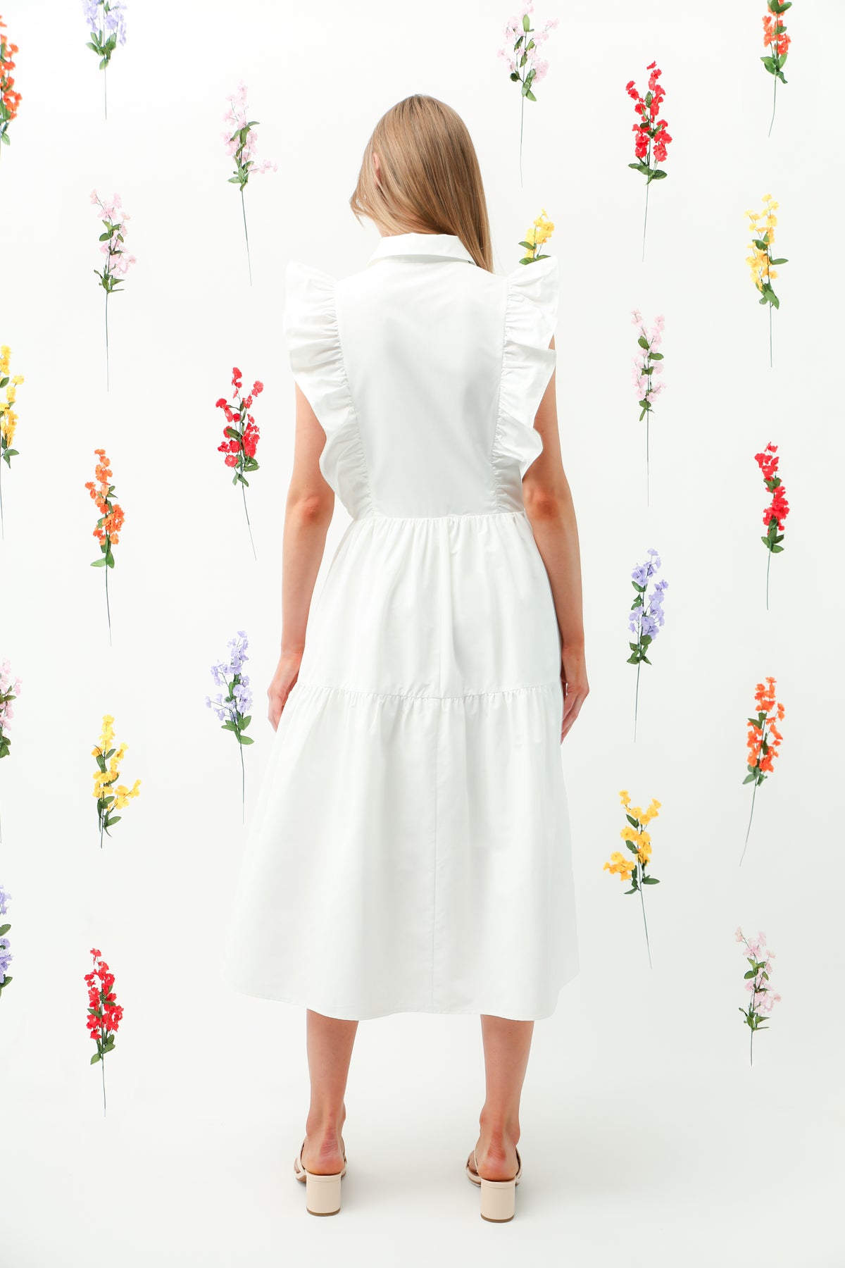 Ruffle Trim Button-Down Tiered Midi Dress REMI017