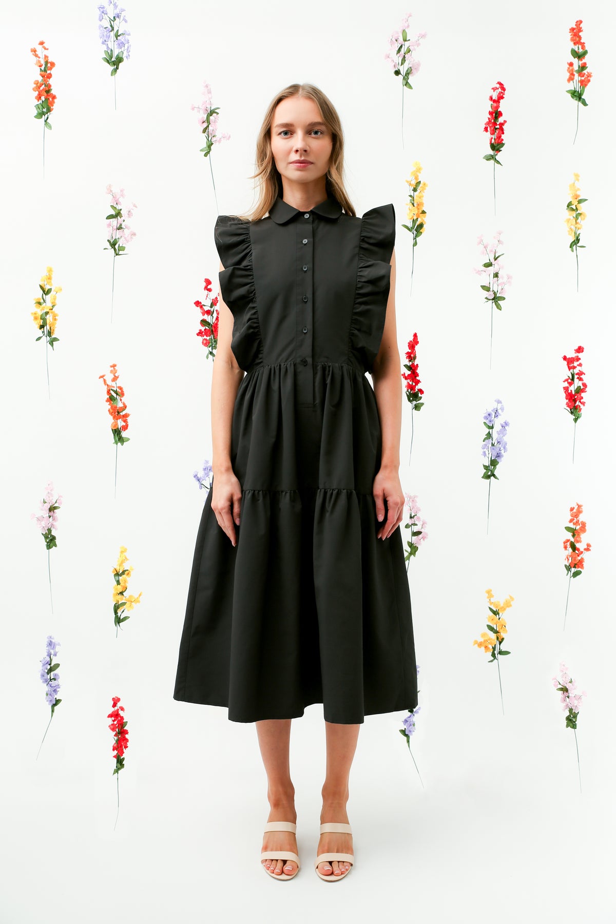 Ruffle Trim Button-Down Tiered Midi Dress REMI017