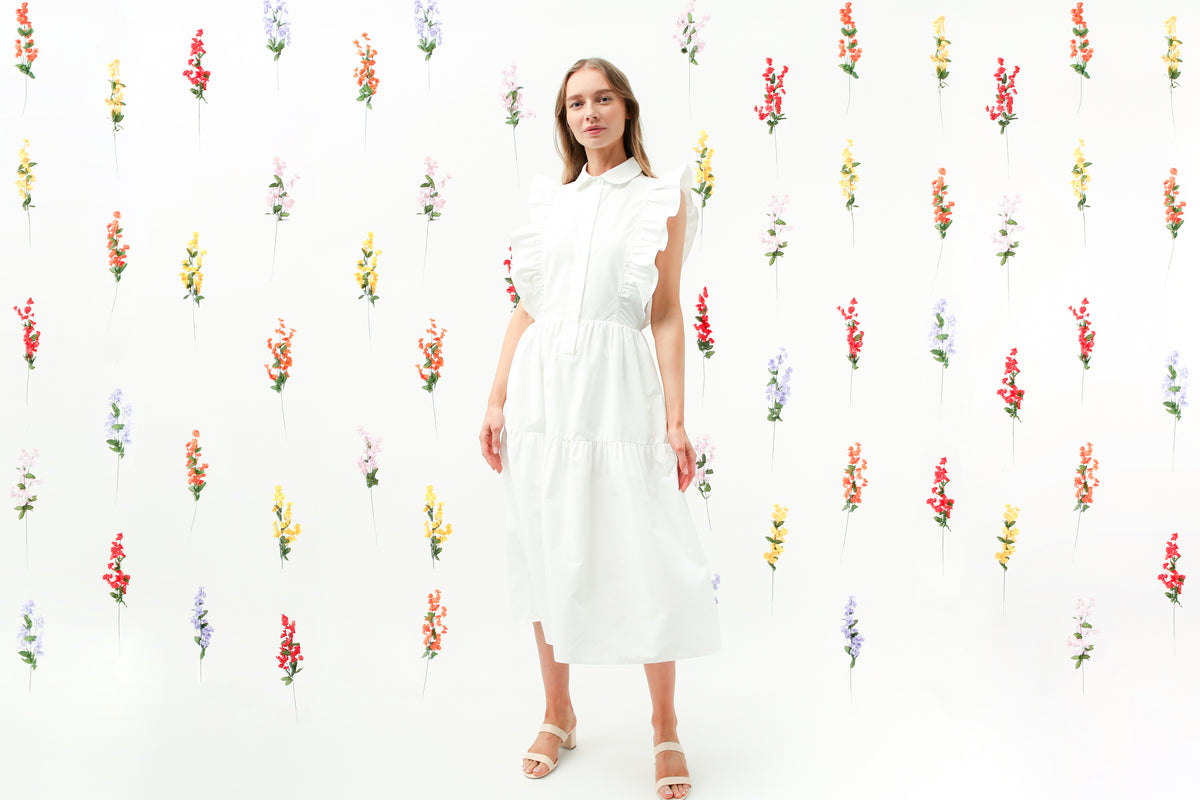 Ruffle Trim Button-Down Tiered Midi Dress REMI017