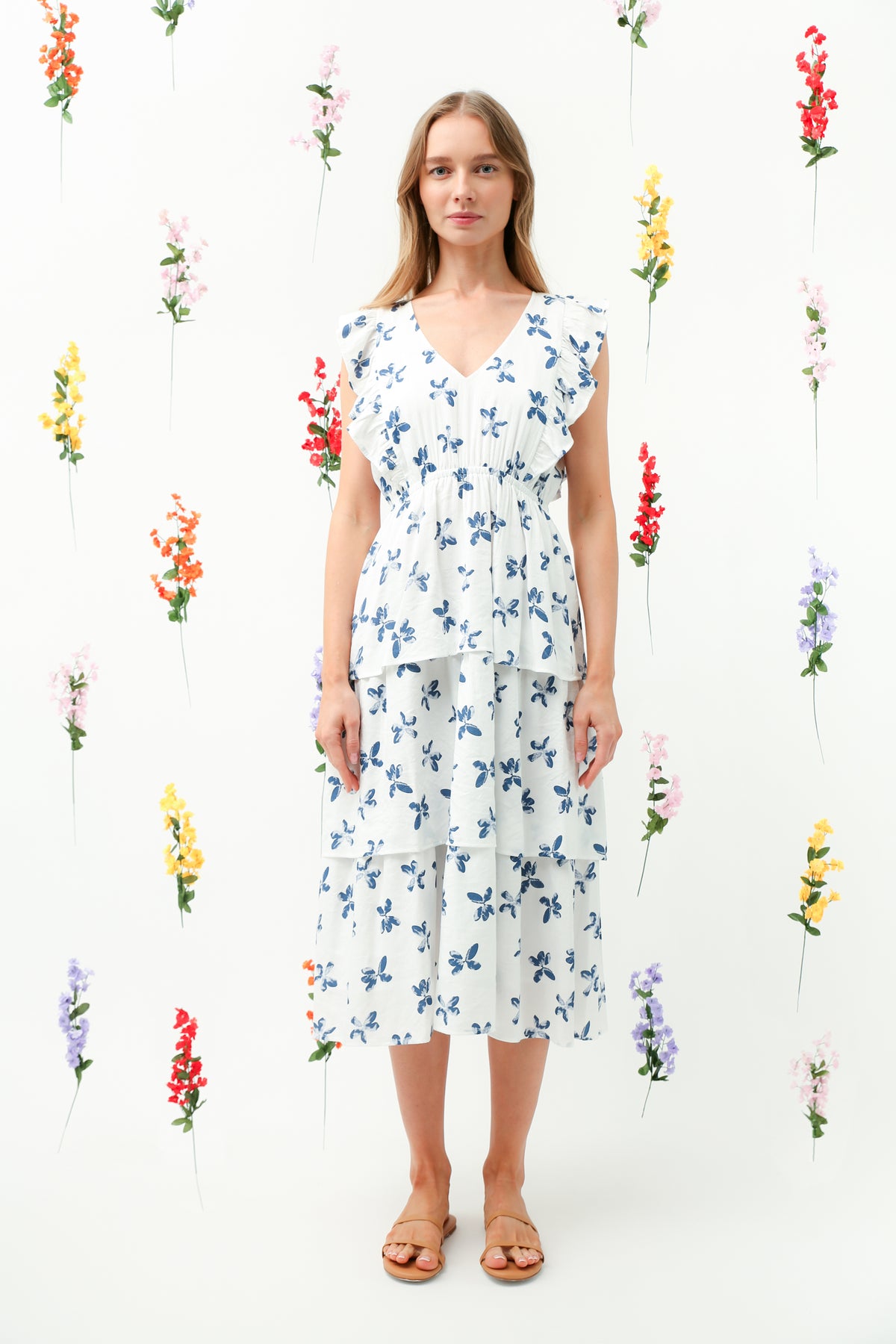 Blue Floral Ruffle Sleeve Tiered Midi Dress REMI005
