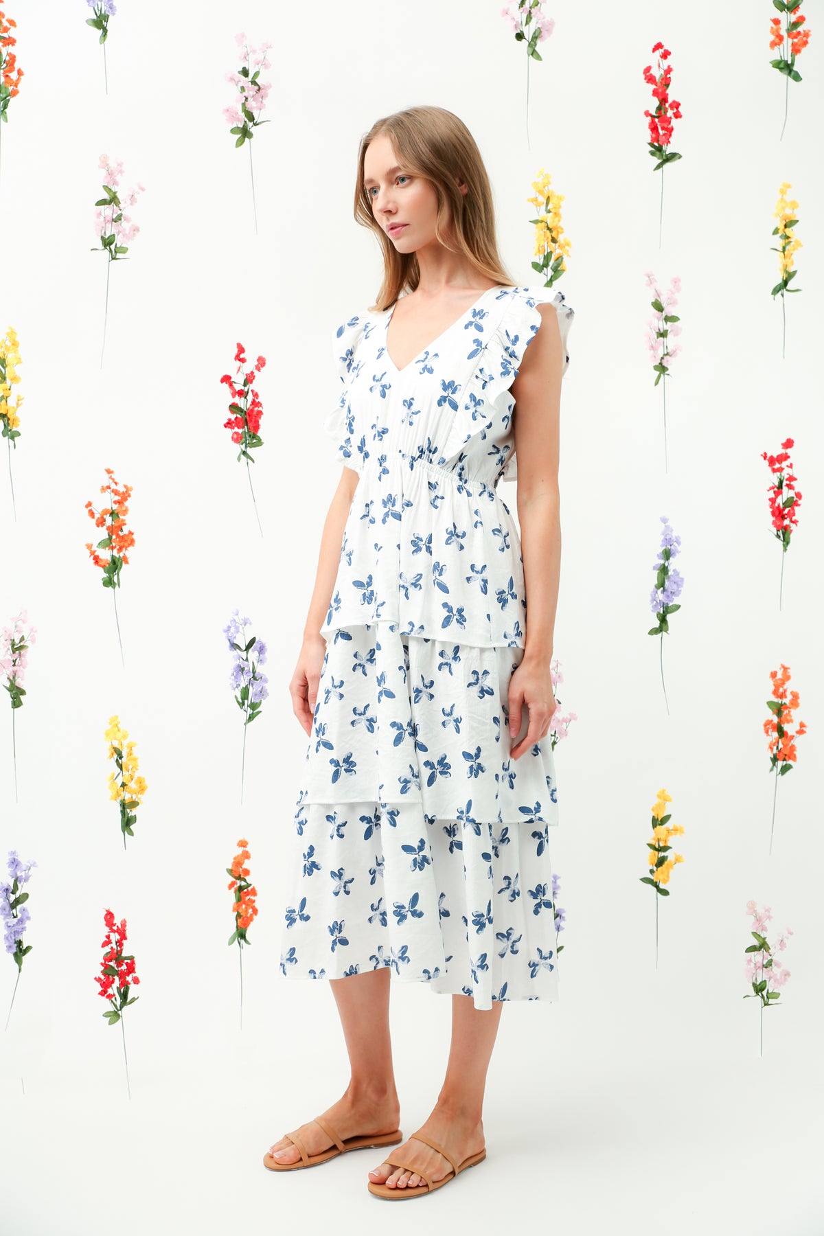 Blue Floral Ruffle Sleeve Tiered Midi Dress REMI005