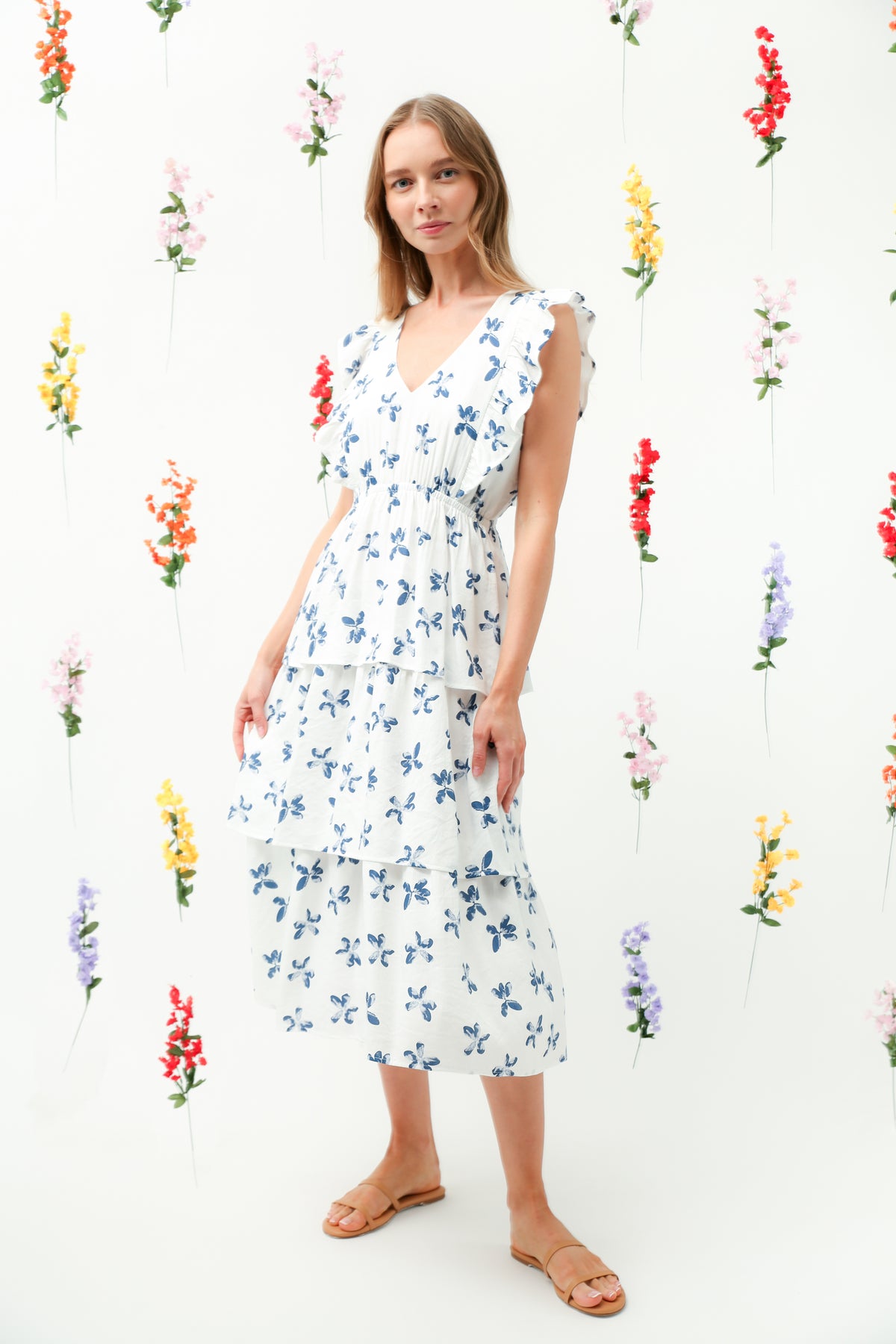 Blue Floral Ruffle Sleeve Tiered Midi Dress REMI005