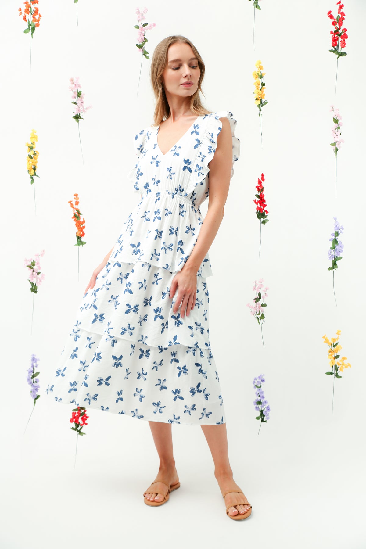 Blue Floral Ruffle Sleeve Tiered Midi Dress REMI005