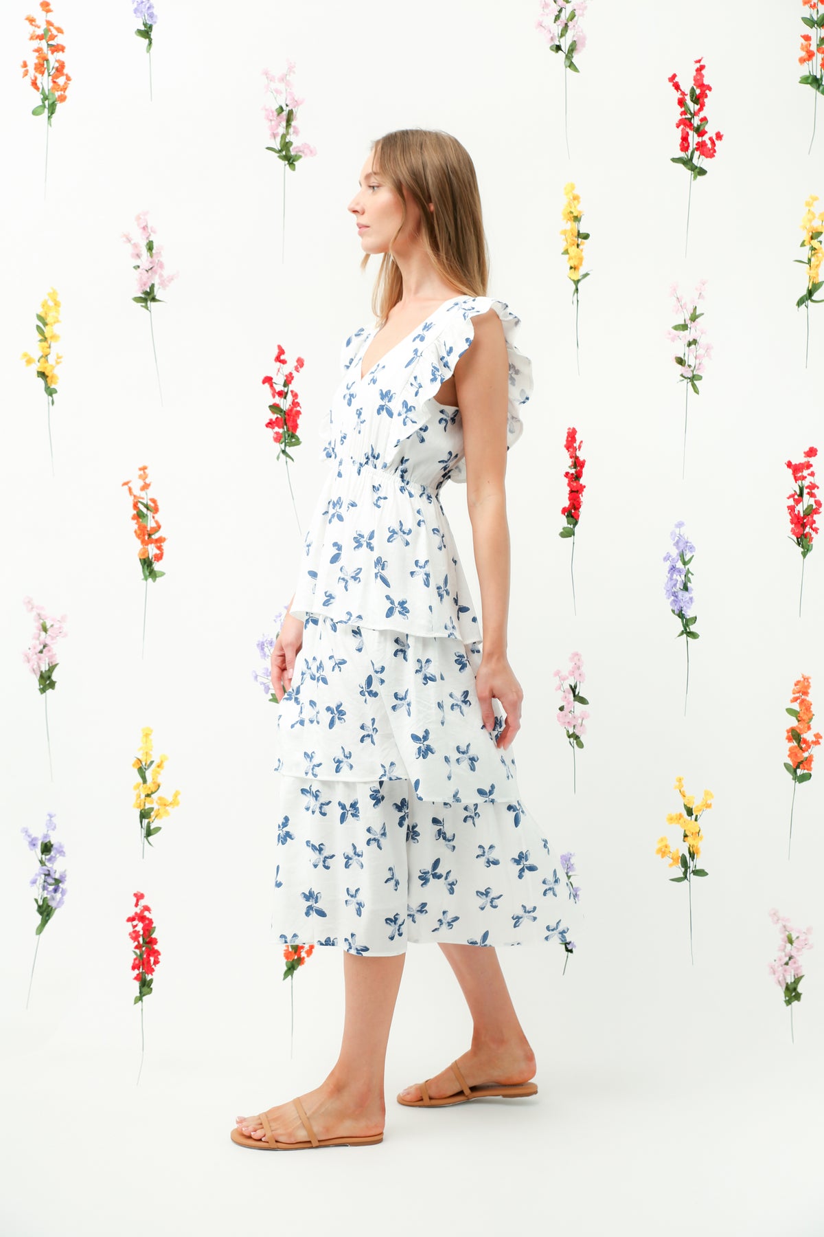 Blue Floral Ruffle Sleeve Tiered Midi Dress REMI005