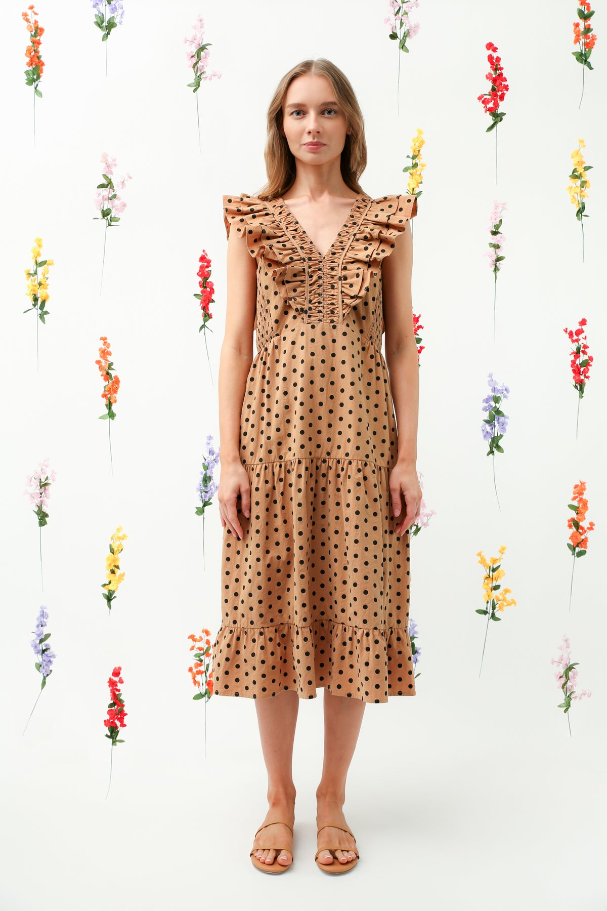 Polka Dot Ruffle V-Neck Tiered Midi Dress REMI016