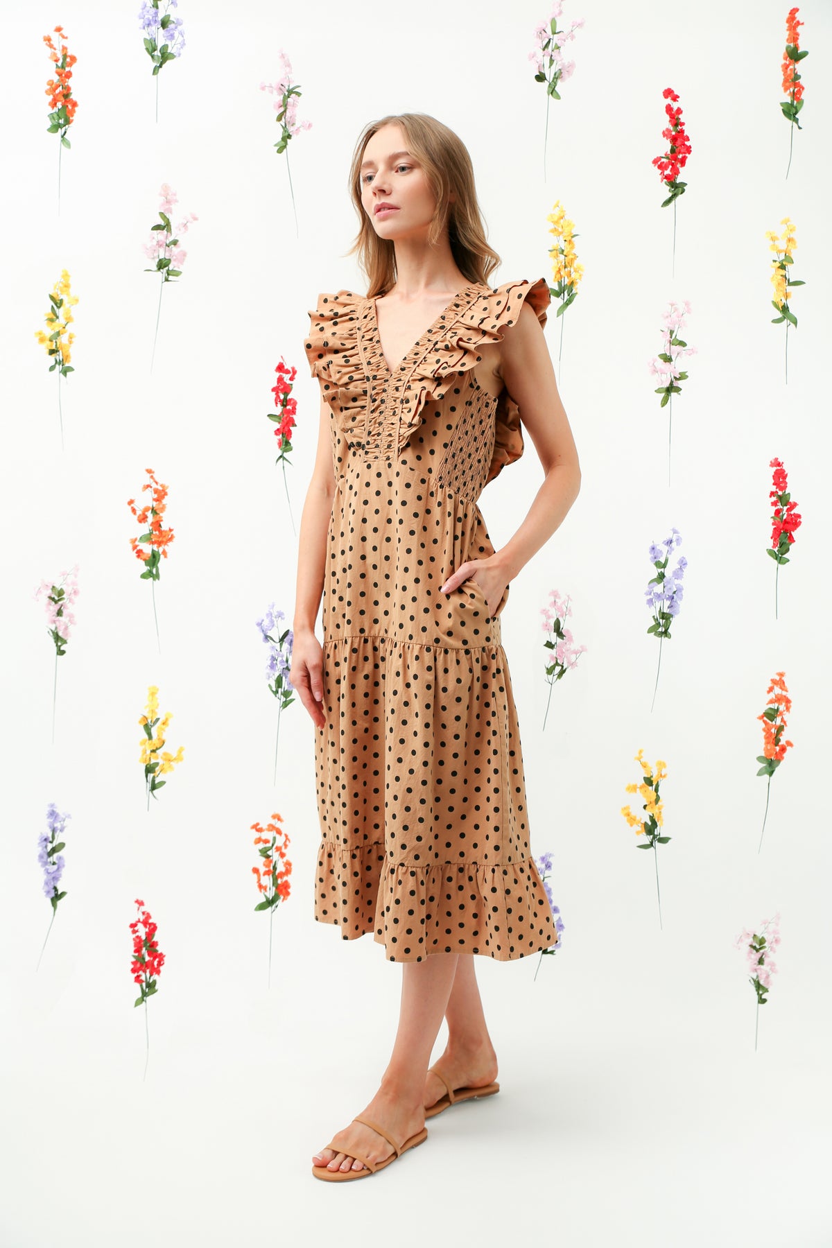 Polka Dot Ruffle V-Neck Tiered Midi Dress REMI016