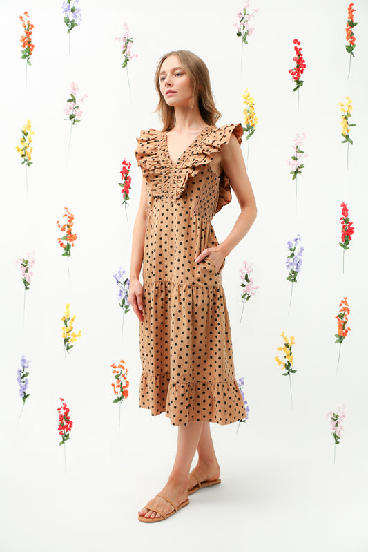 Polka Dot Smocked Midi Dress