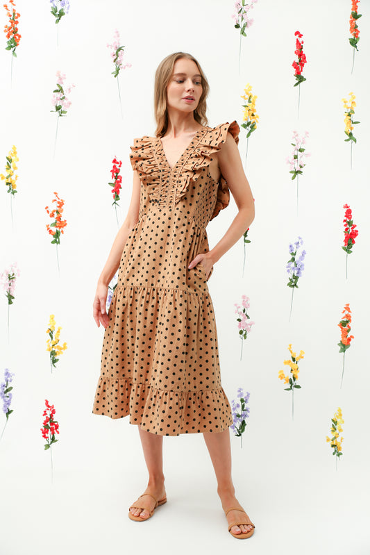 Polka Dot Ruffle V-Neck Tiered Midi Dress REMI016
