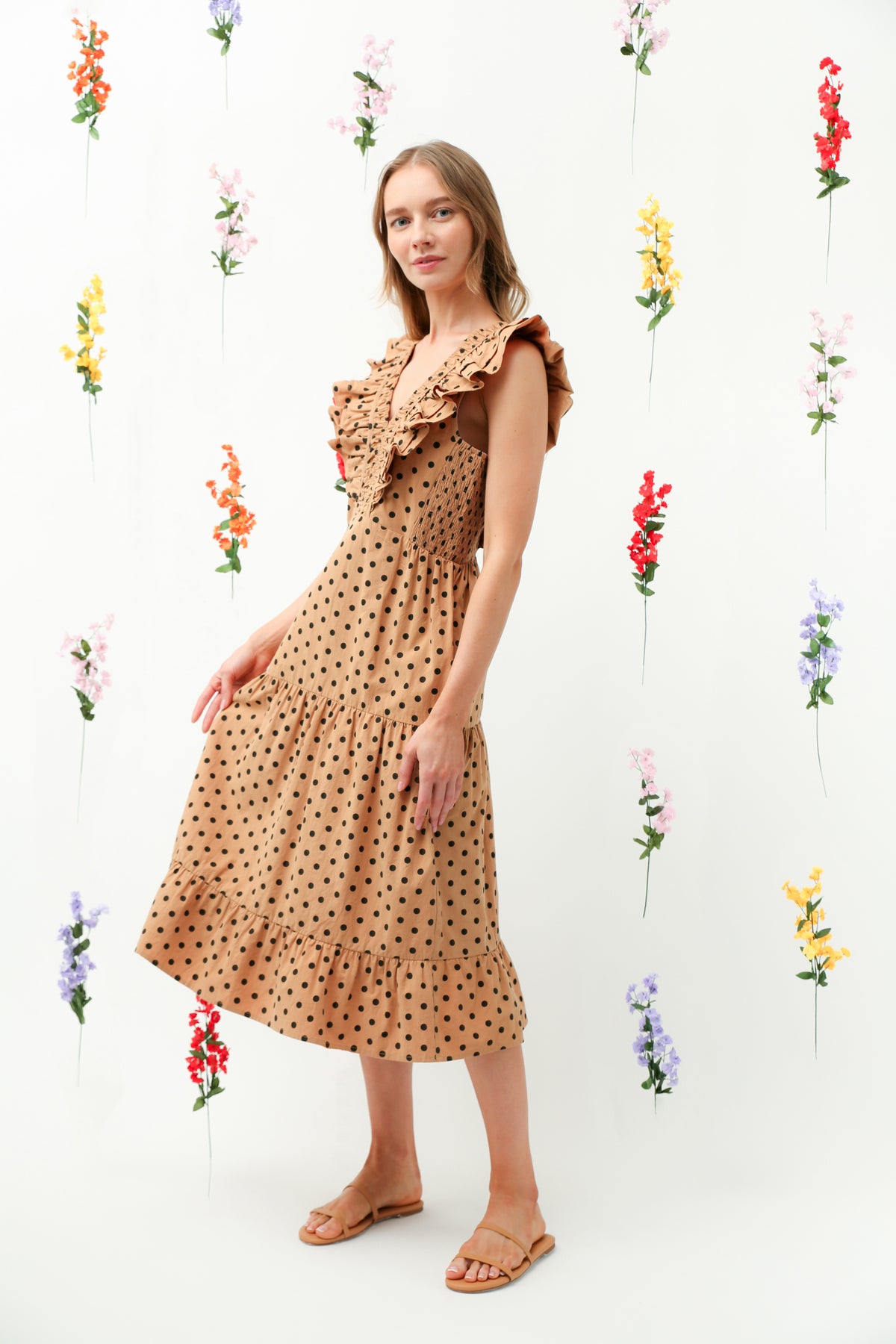 Polka Dot Ruffle V-Neck Tiered Midi Dress REMI016