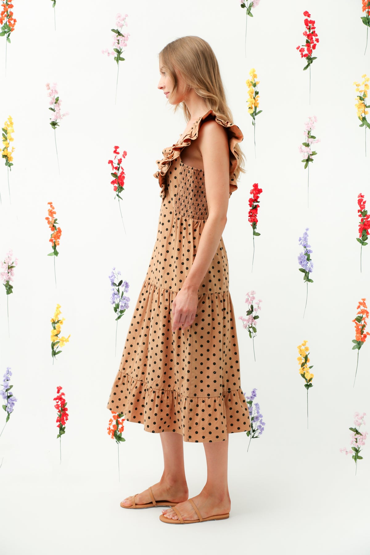 Polka Dot Ruffle V-Neck Tiered Midi Dress REMI016