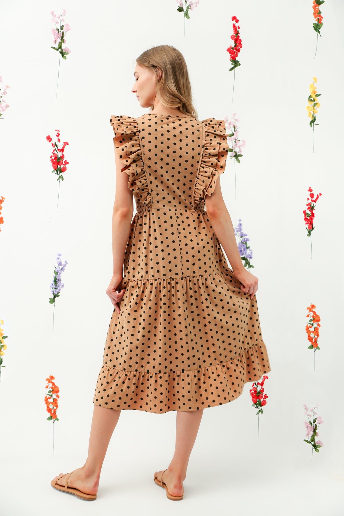 Polka Dot Ruffle V-Neck Tiered Midi Dress REMI016