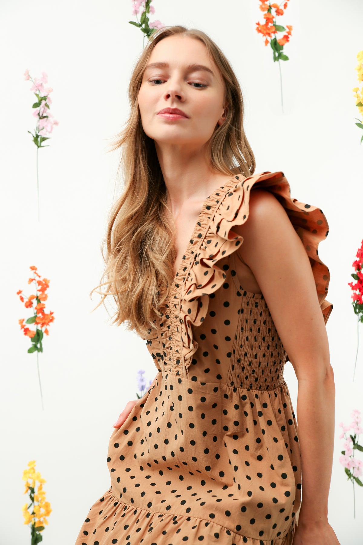 Polka Dot Ruffle V-Neck Tiered Midi Dress REMI016