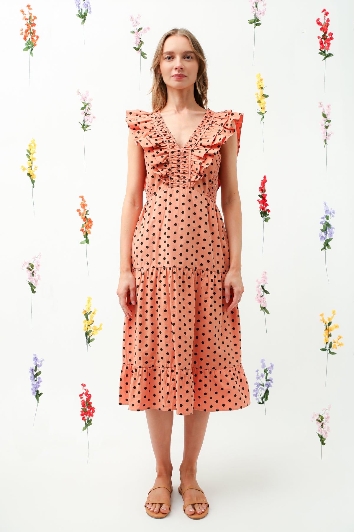 Polka Dot Ruffle V-Neck Tiered Midi Dress REMI016