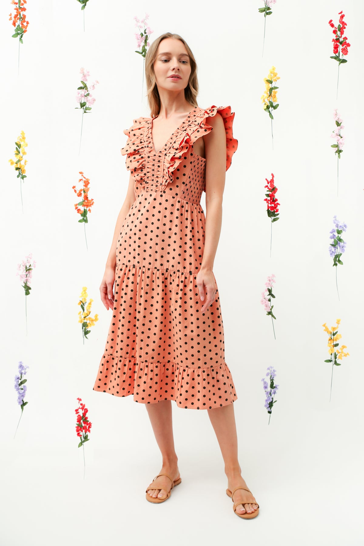 Polka Dot Ruffle V-Neck Tiered Midi Dress REMI016