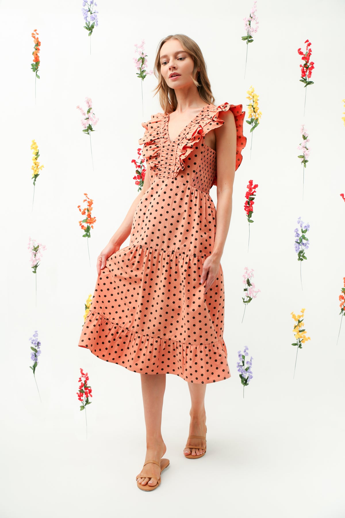 Polka Dot Ruffle V-Neck Tiered Midi Dress REMI016