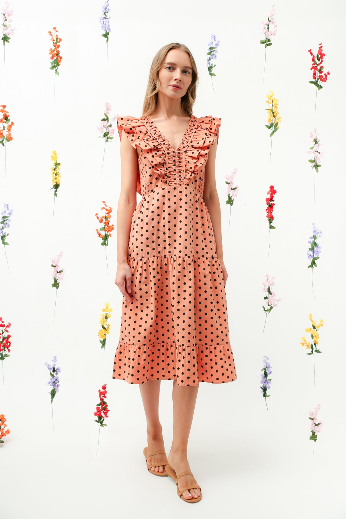 Polka Dot Ruffle V-Neck Tiered Midi Dress REMI016