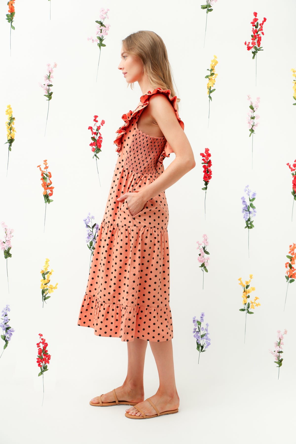 Polka Dot Ruffle V-Neck Tiered Midi Dress REMI016