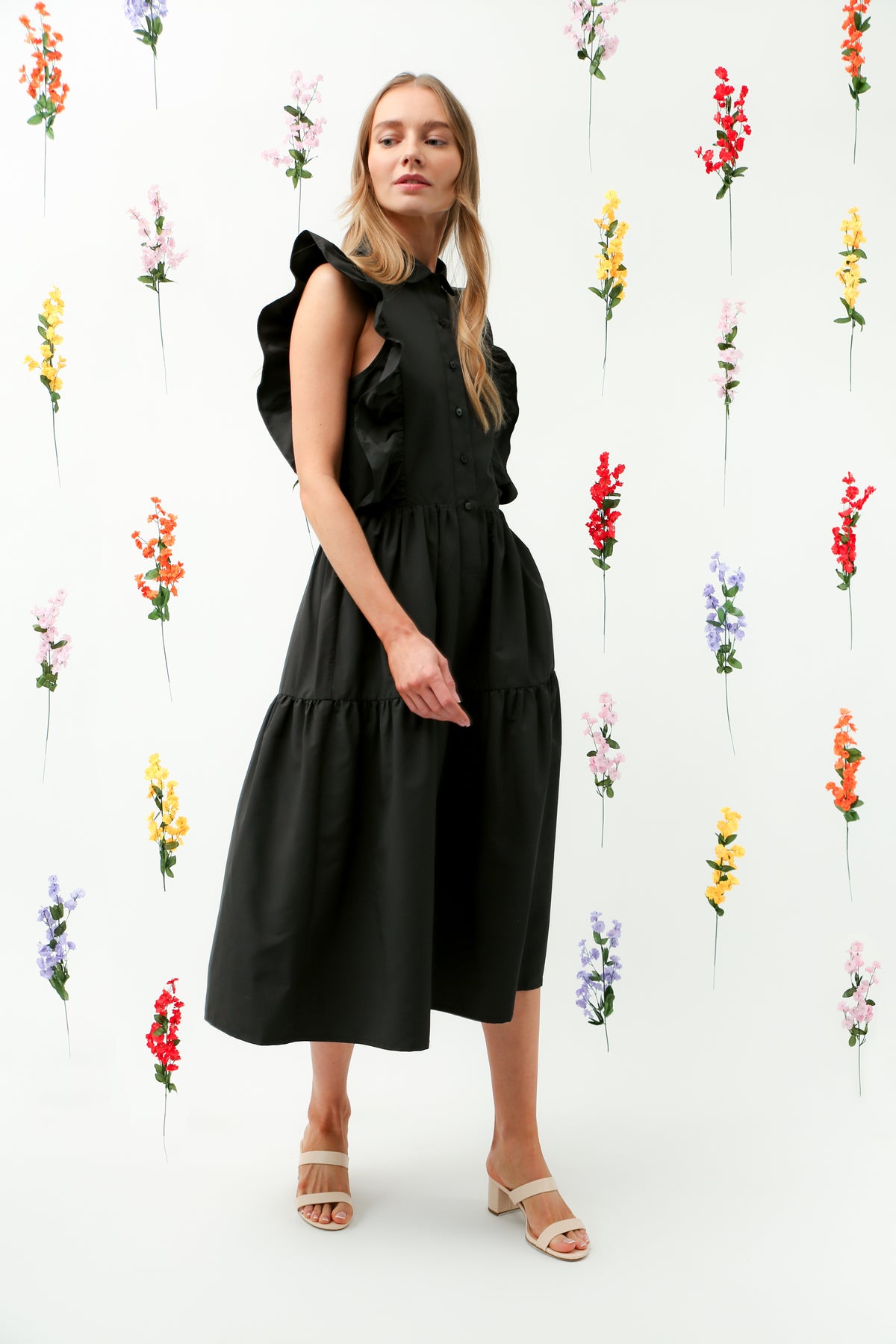 Ruffle Trim Button-Down Tiered Midi Dress REMI017