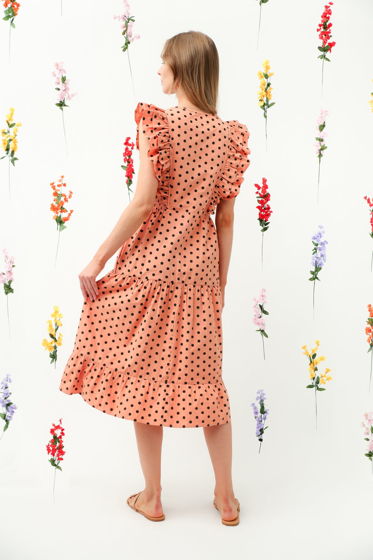 Polka Dot Ruffle V-Neck Tiered Midi Dress REMI016
