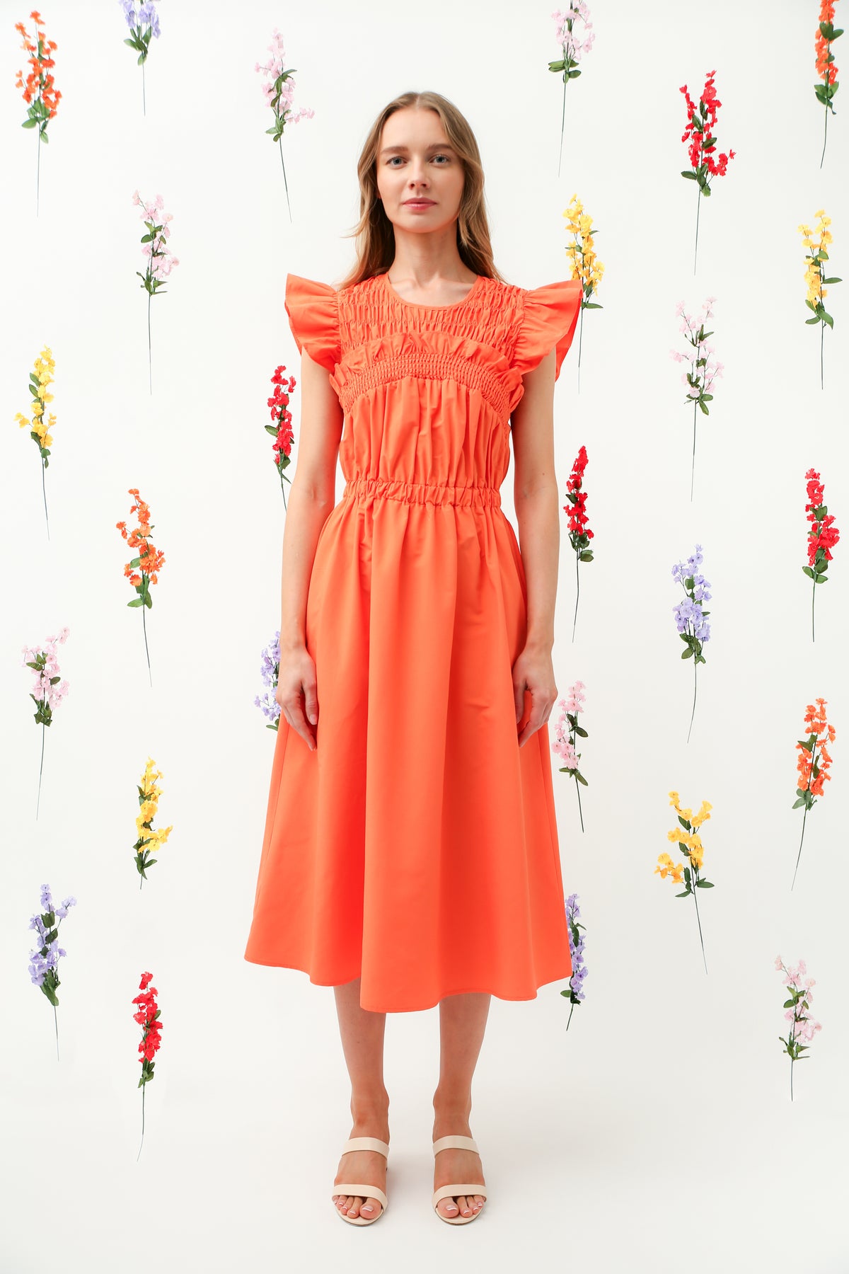 Orange Smocked Bodice Ruffle Sleeve Midi Dress REMI008