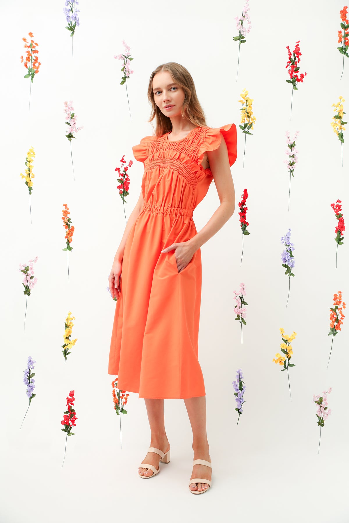 Orange Smocked Bodice Ruffle Sleeve Midi Dress REMI008