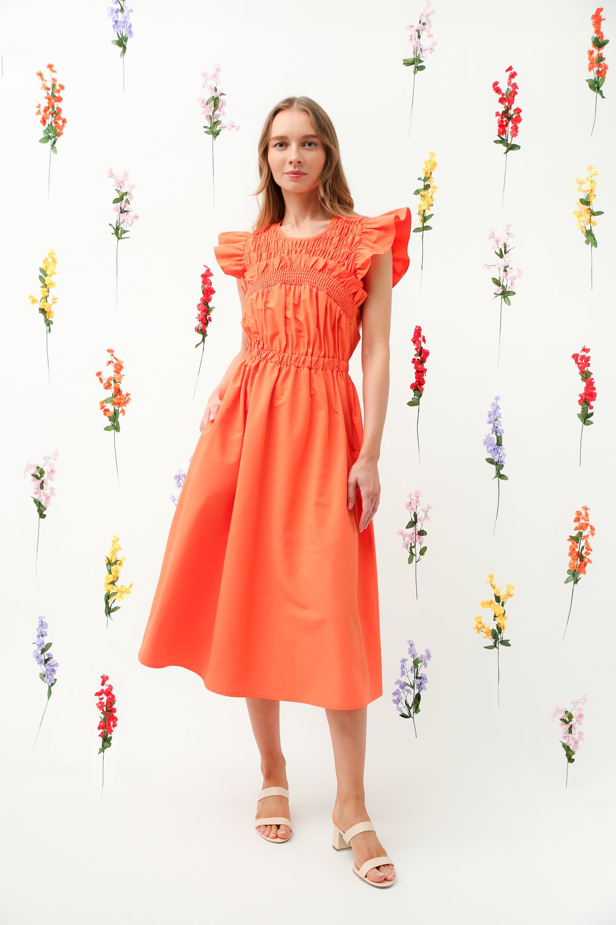 Orange Smocked Bodice Ruffle Sleeve Midi Dress REMI008