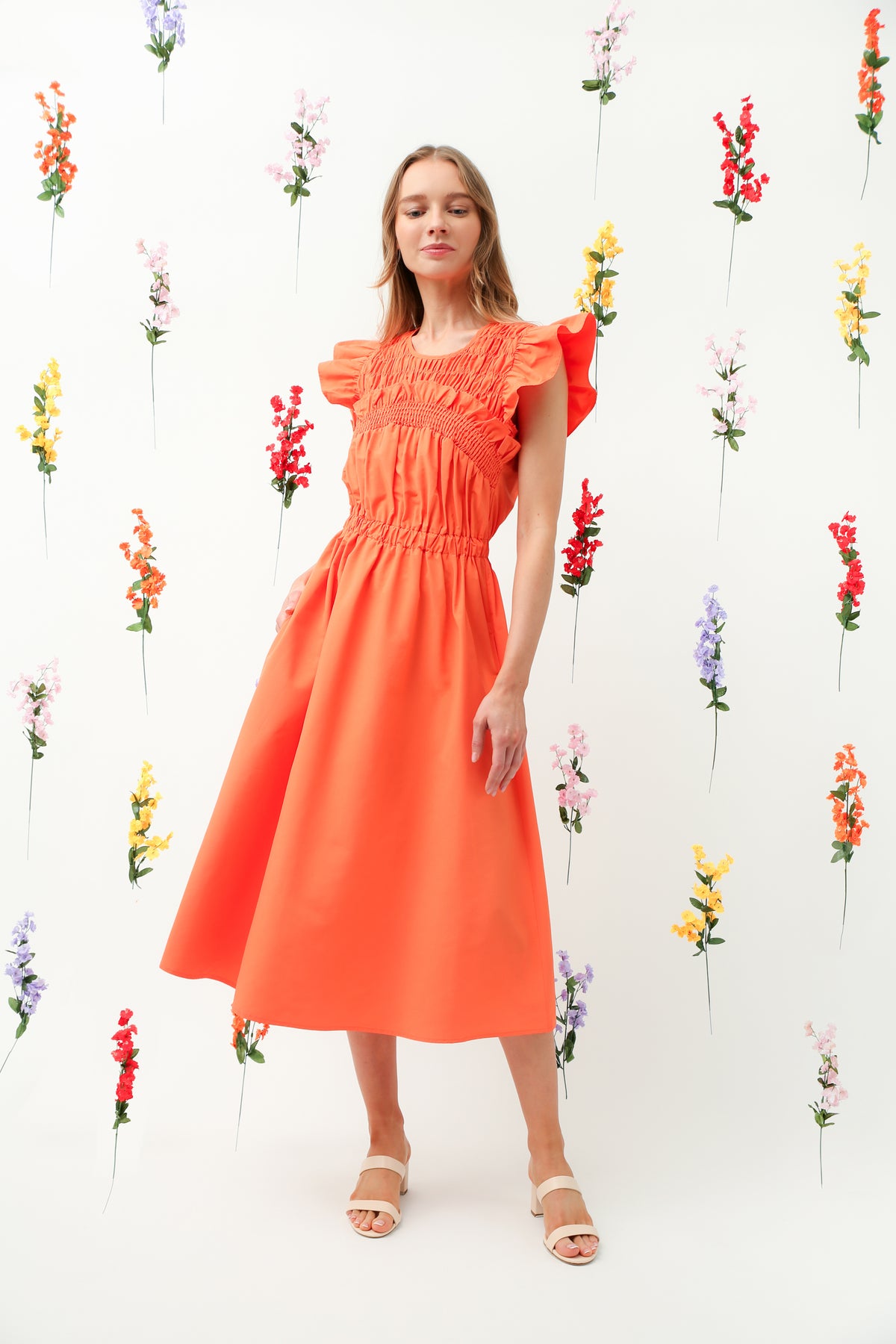 Orange Smocked Bodice Ruffle Sleeve Midi Dress REMI008