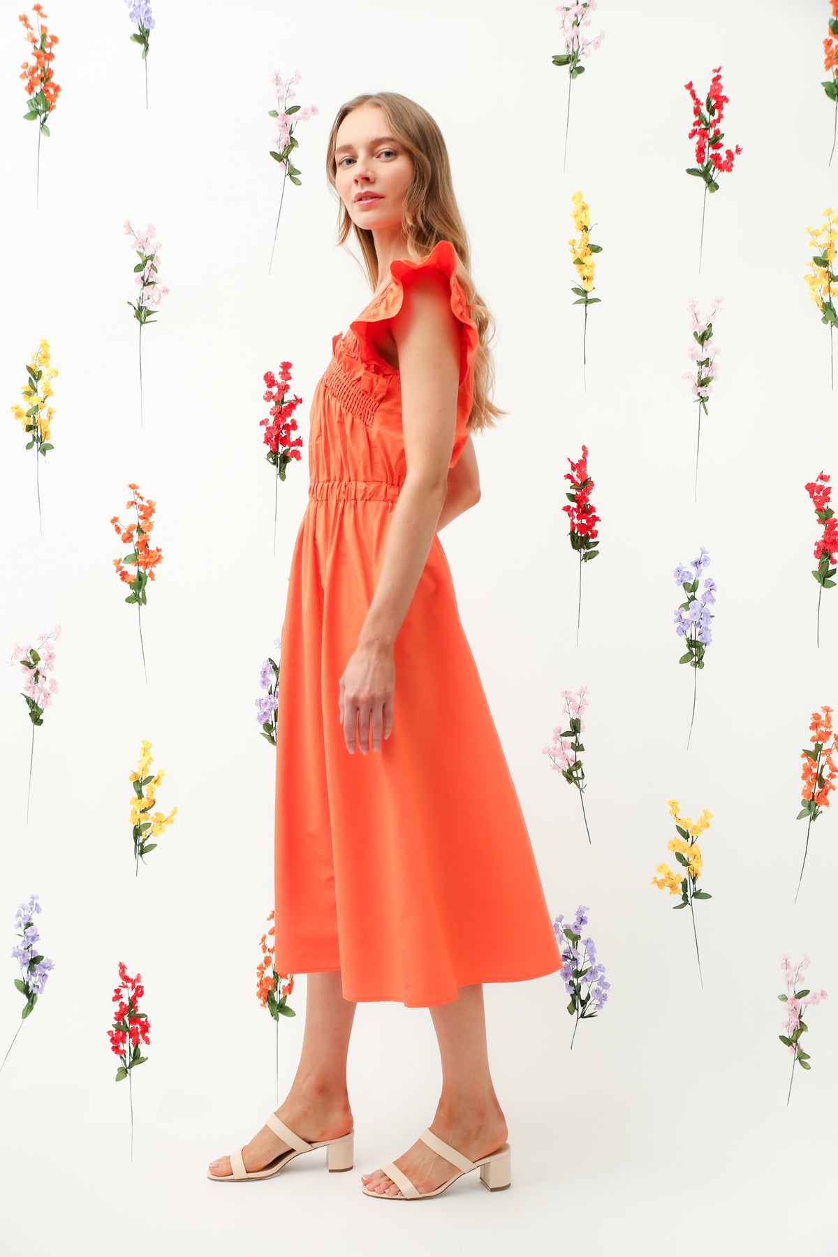 Orange Smocked Bodice Ruffle Sleeve Midi Dress REMI008