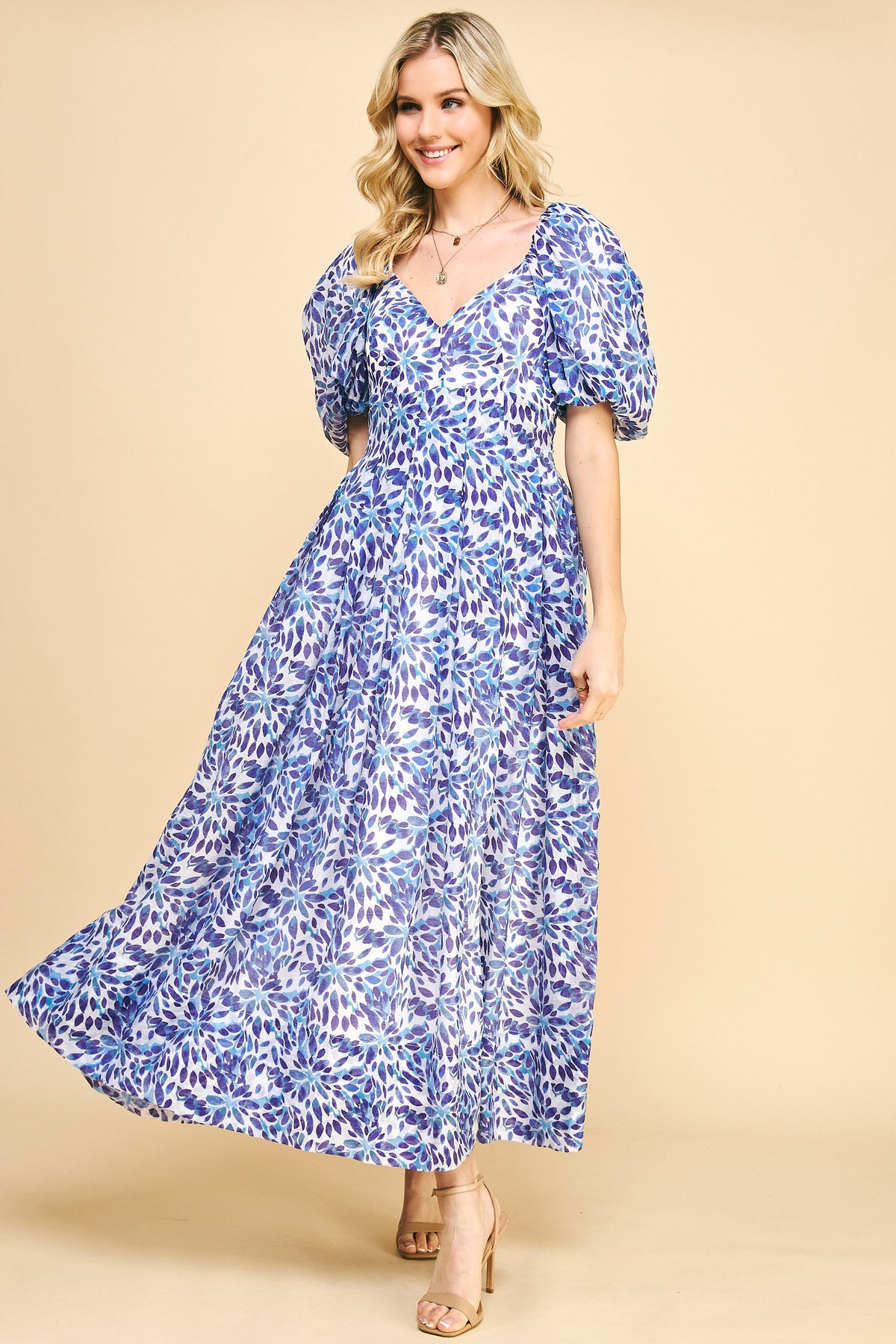 Blue Floral Puff Sleeve Maxi Dress - V-Neck Style REMI258