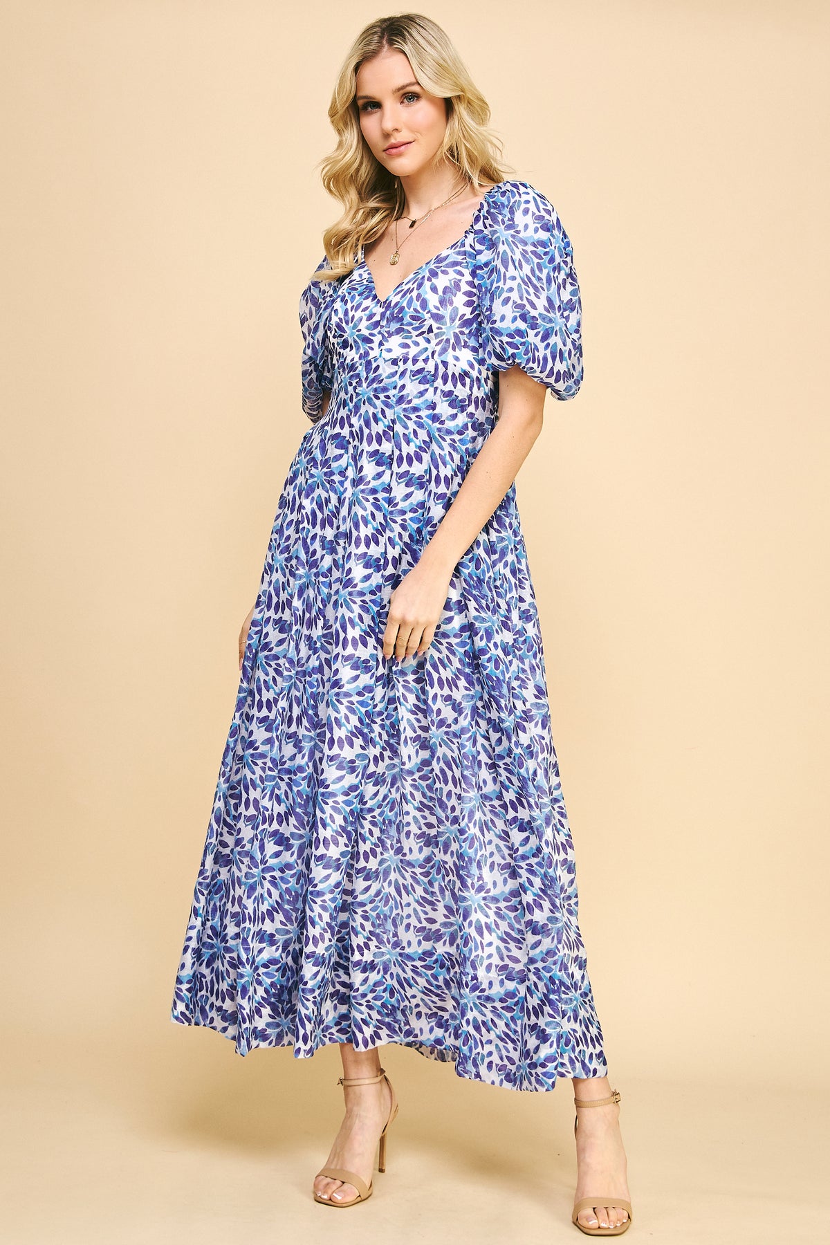 Blue Floral Puff Sleeve Maxi Dress - V-Neck Style REMI258