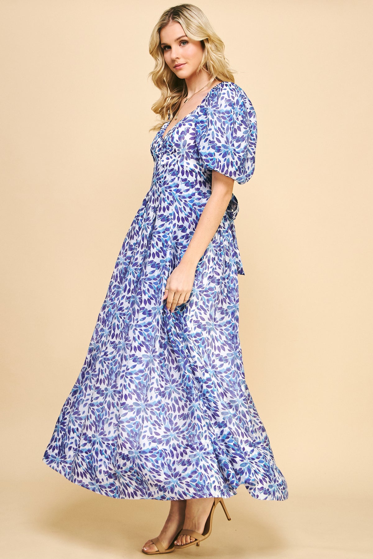 Blue Floral Puff Sleeve Maxi Dress - V-Neck Style REMI258