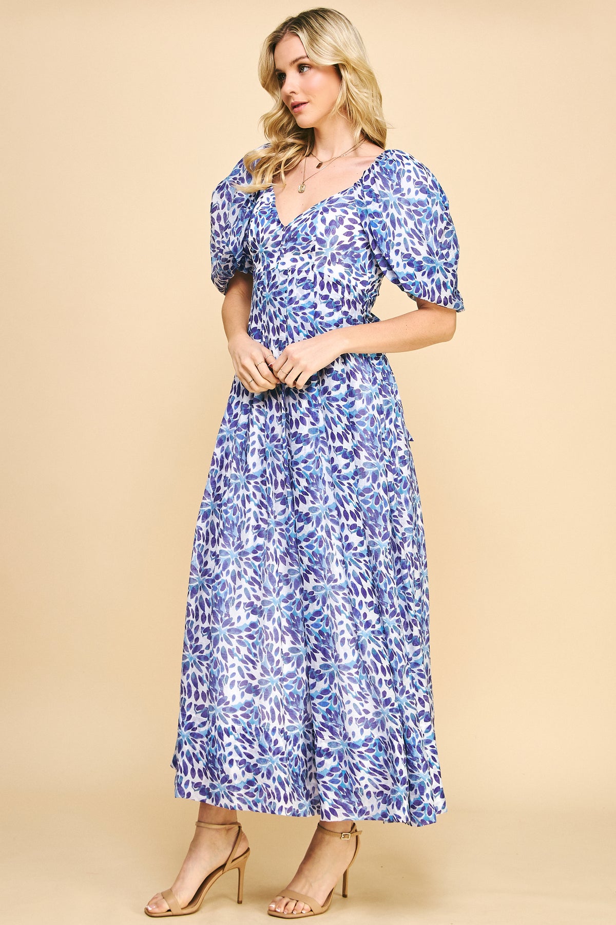 Blue Floral Puff Sleeve Maxi Dress - V-Neck Style REMI258