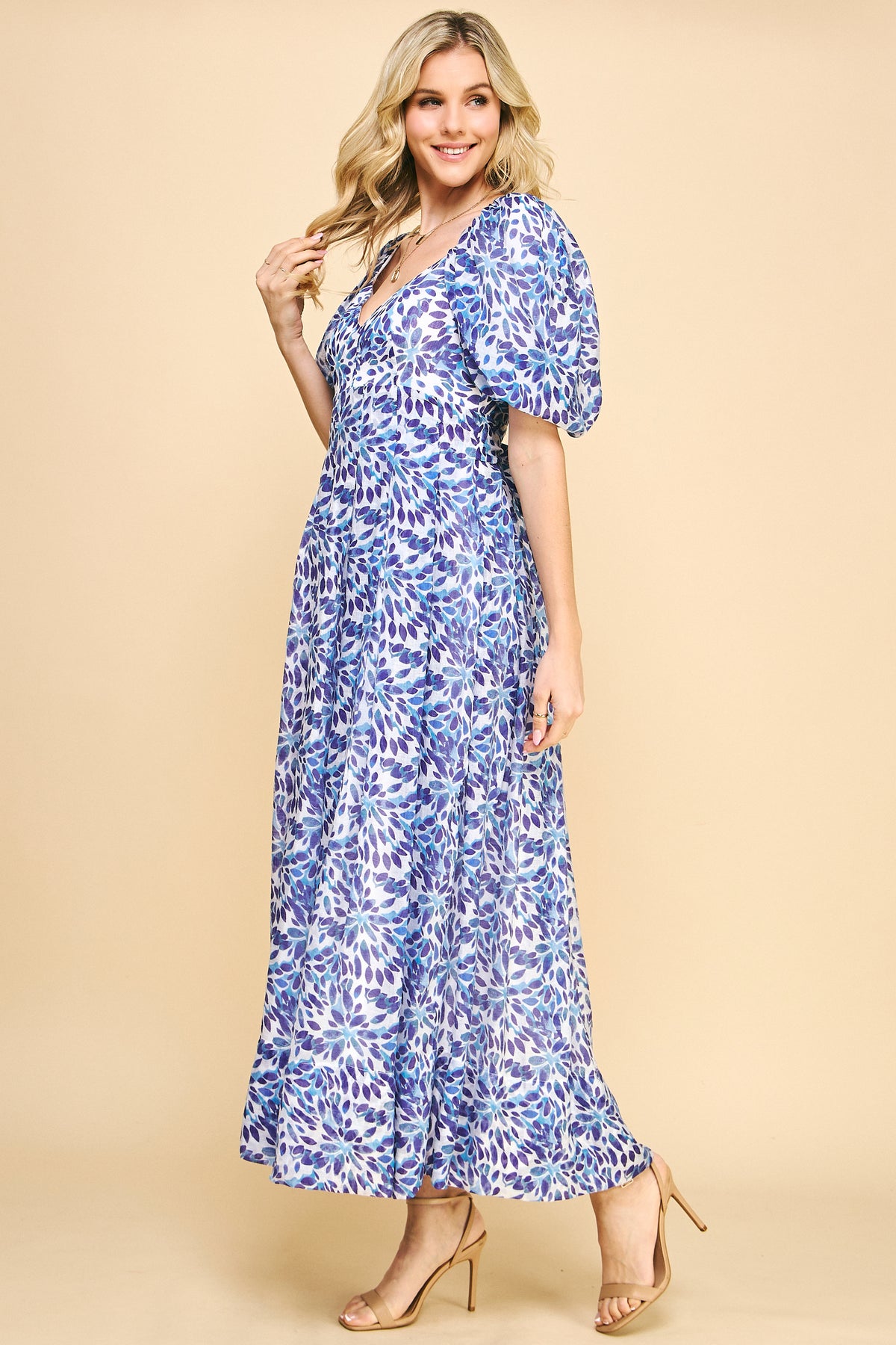 Blue Floral Puff Sleeve Maxi Dress - V-Neck Style REMI258