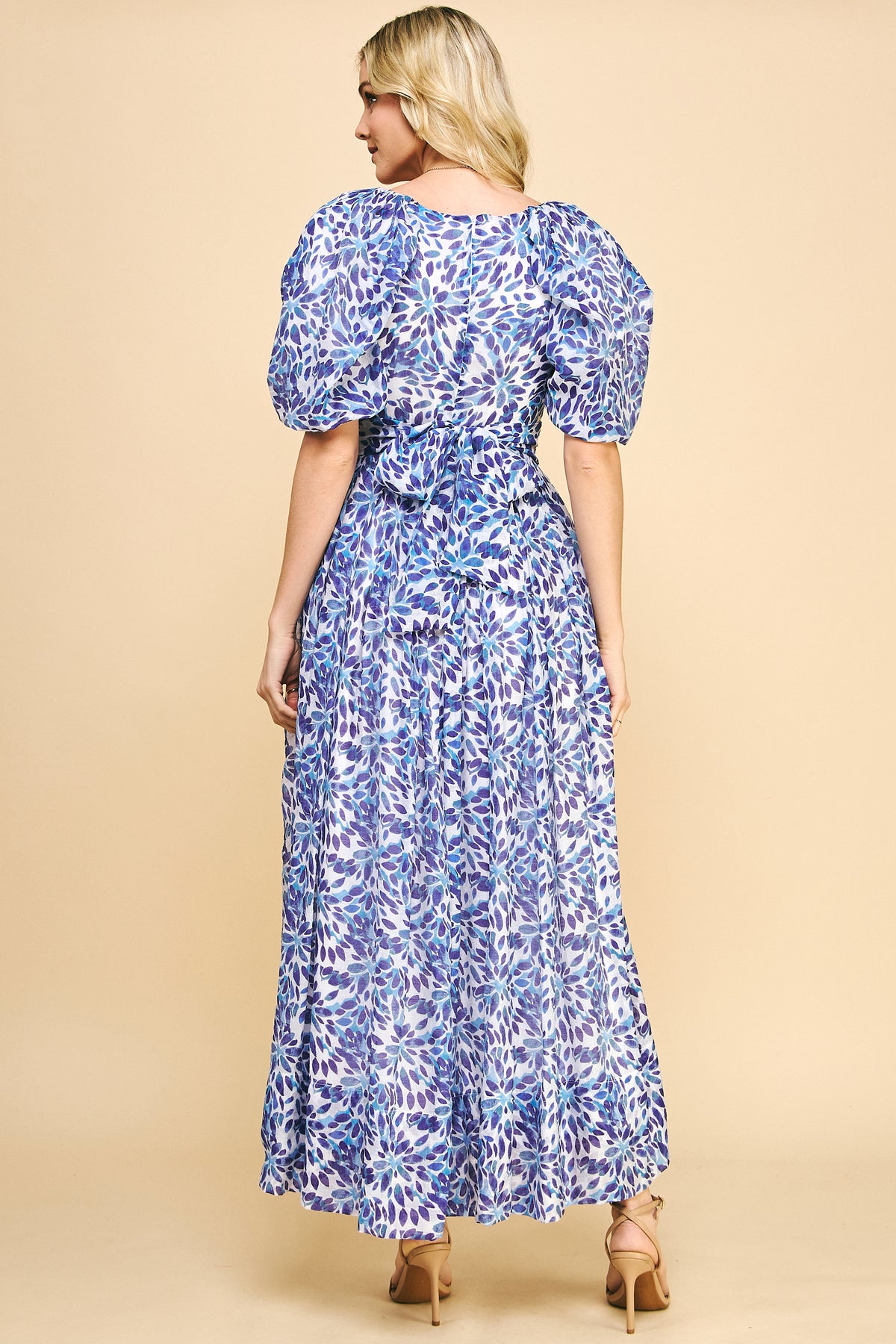 Blue Floral Puff Sleeve Maxi Dress - V-Neck Style REMI258