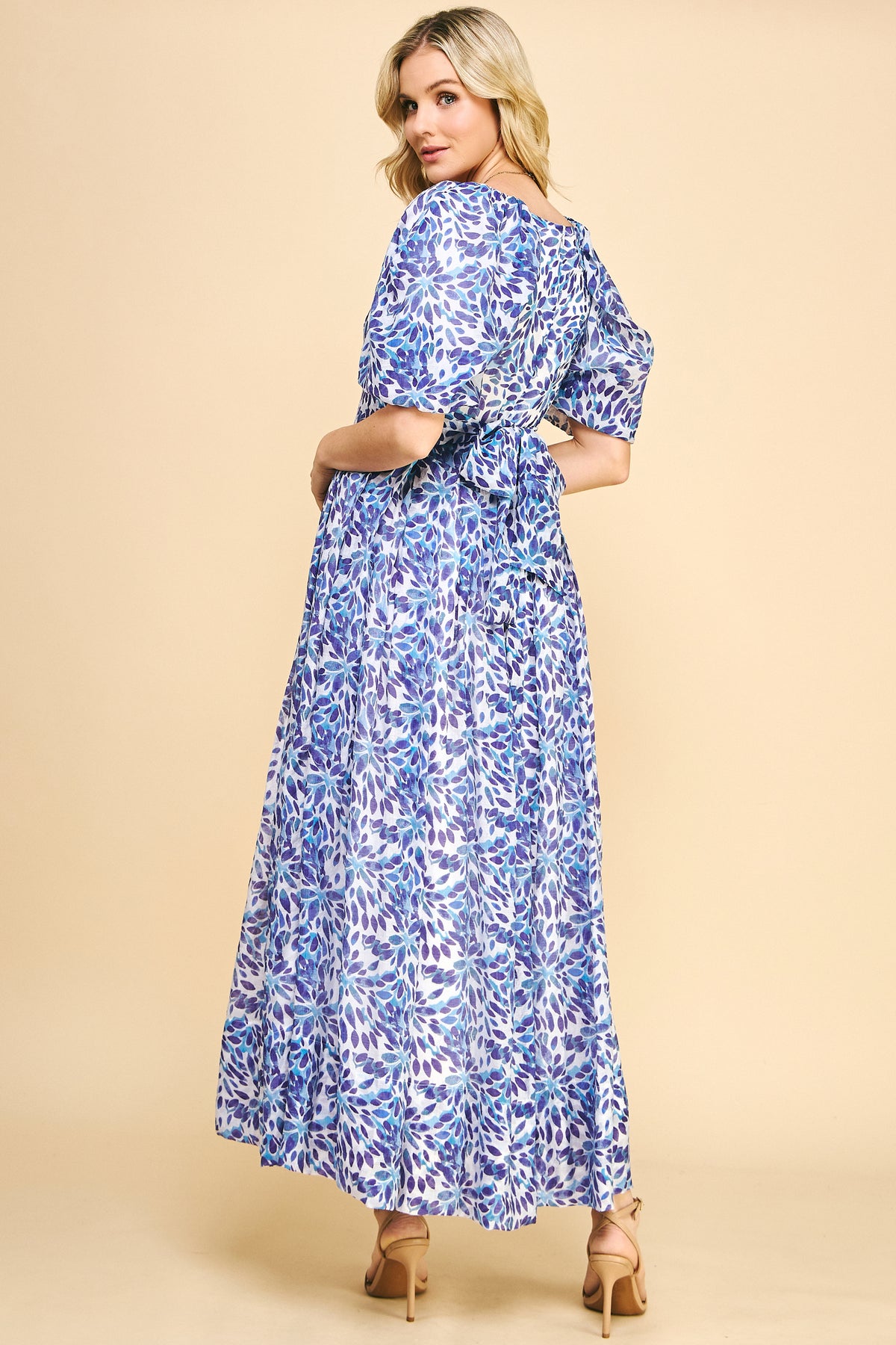 Blue Floral Puff Sleeve Maxi Dress - V-Neck Style REMI258