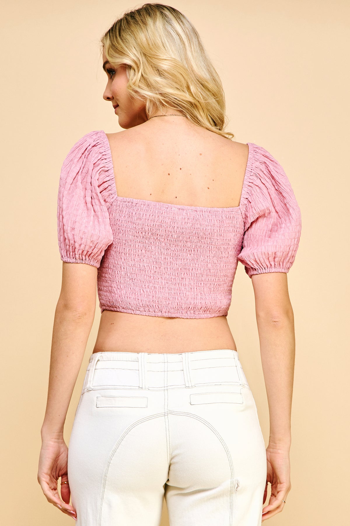 Pink Textured Puff Sleeve Hook-and-Eye Corset Top REMI218