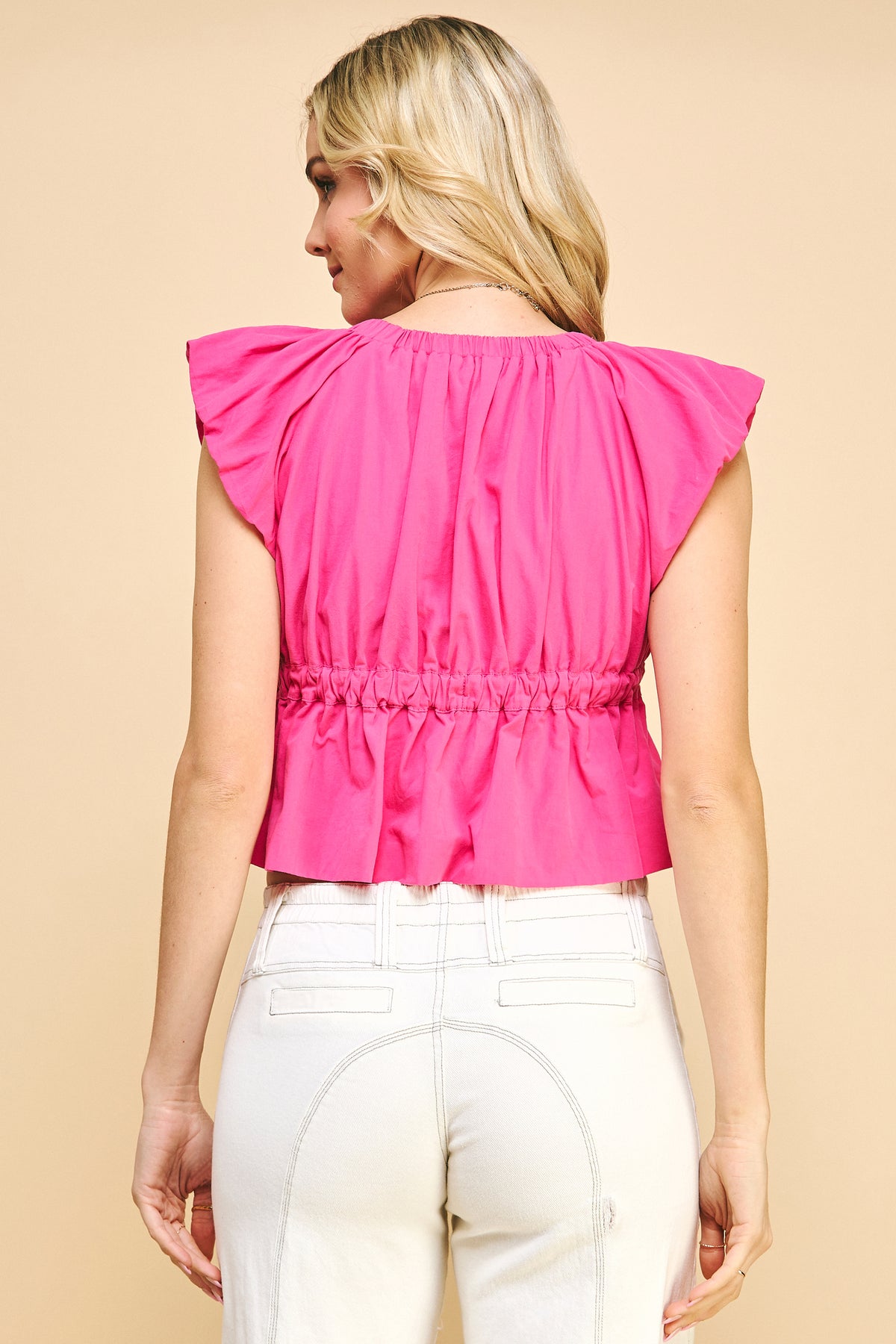 Hot Pink Front Bow Ruffle V-Neck Crop Top REMI261
